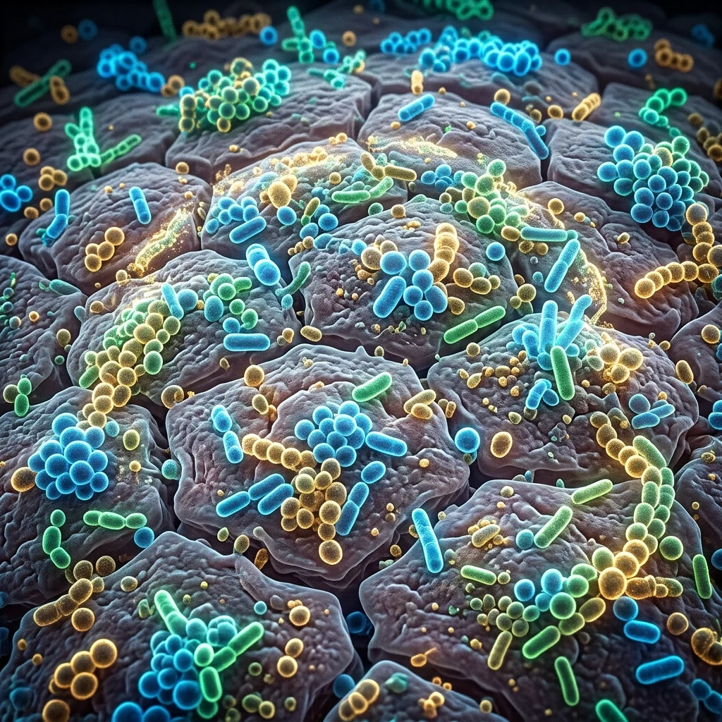 Representación científica del microbioma cutáneo y la bacteria protectora S. epidermidis