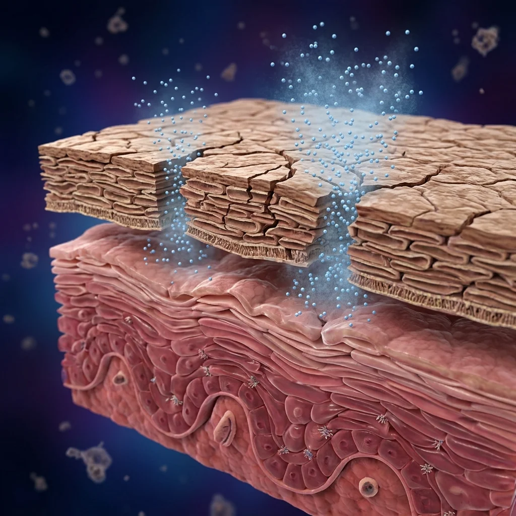 Diagrama biofísico del impacto del estrés ambiental y micro-fisuras en la epidermis
